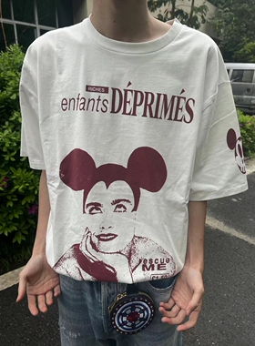 ERD忧郁的富二代做旧米奇人物白色印花小众短袖T恤李圣俊vintage