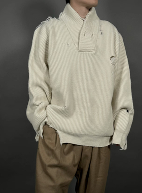 HED不规则裁剪破坏V领套头OS廓形男女情侣装厚实套头毛衣