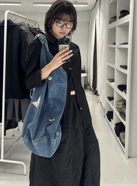 Legacy风格 DRIP BAG蝴蝶刺绣牛仔包单肩包斜跨大容量水桶托特包