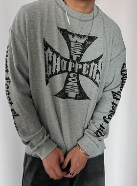 ERD风West Coast ChoppersVintage十字裂纹梵文宽松华夫格长袖T恤