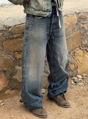 美式复古 Nofaith水洗浅蓝刀割boro抽绳小众loose宽松直筒牛仔裤