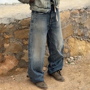 美式复古 Nofaith水洗浅蓝刀割boro抽绳小众loose宽松直筒牛仔裤