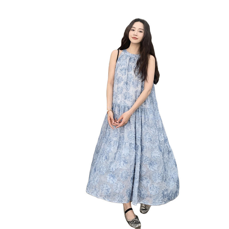 蓝色提花挂脖连衣裙女2025夏季新款高级感法式漂亮宽松绝美茶歇裙,女装连衣裙,乔安迪