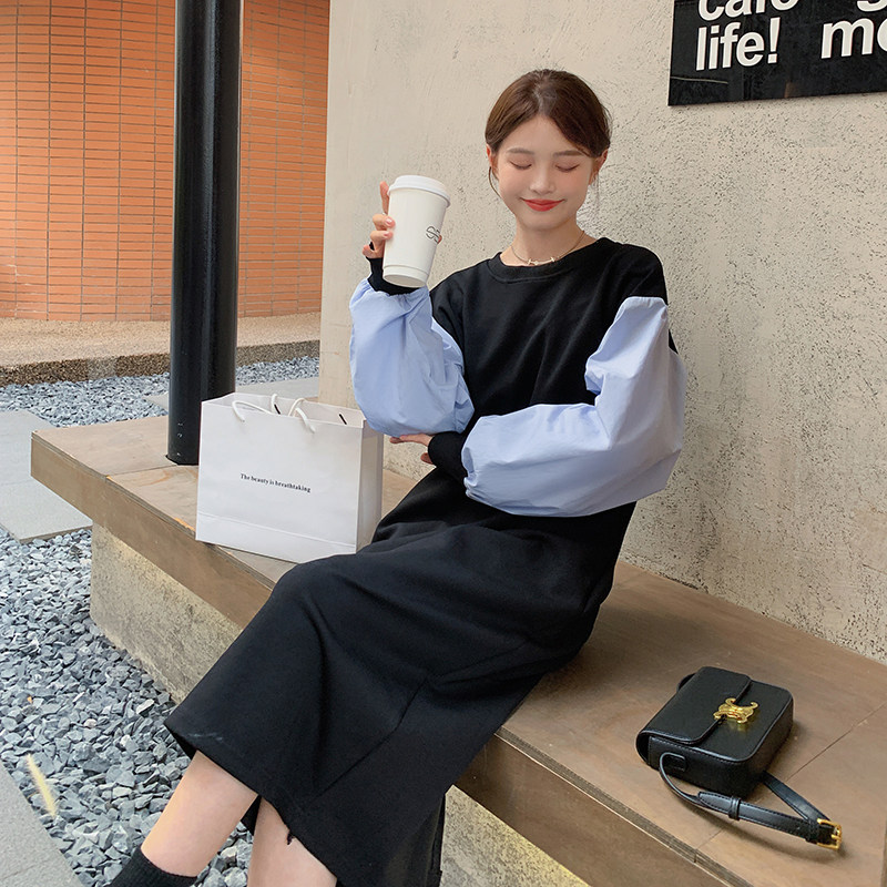 韩系减龄高级感撞色连衣裙女2025春秋季新款法式收腰显瘦卫衣长裙,女装连衣裙,乔安迪