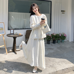米白色法式肌理感套装裙女2025春秋季新款显瘦上衣半身长裙两件套图片