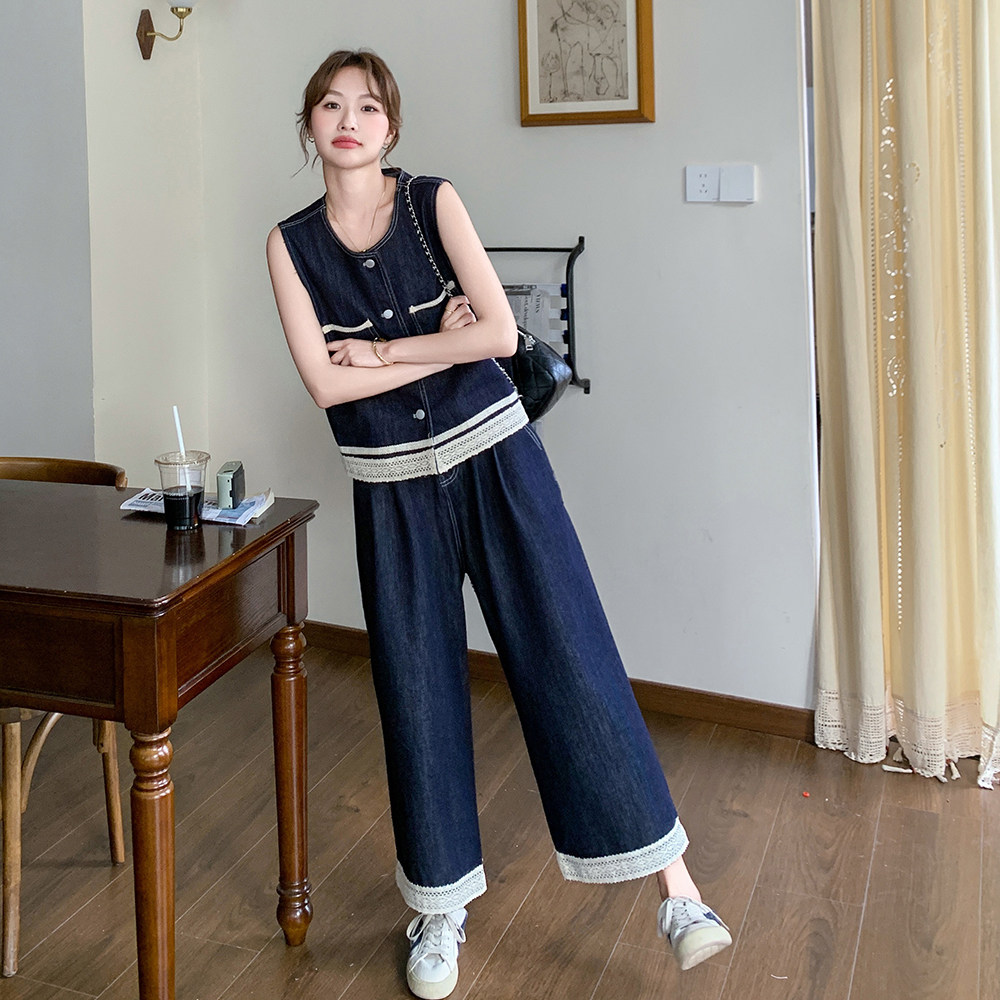 蕾丝拼接牛仔马甲阔腿裤套装女2025年夏季新款超火ootd穿搭两件套,女装套装/套裙,乔安迪