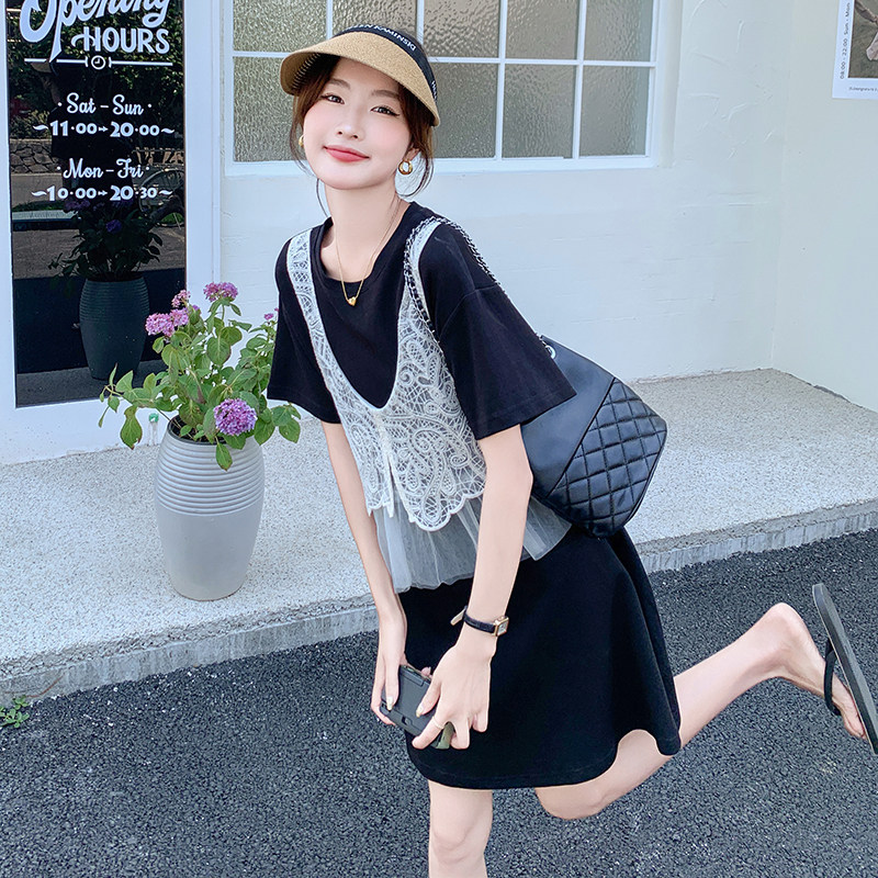 法式网纱马甲拼接假两件连衣裙女2025夏季新款韩版宽松显瘦长裙子图片