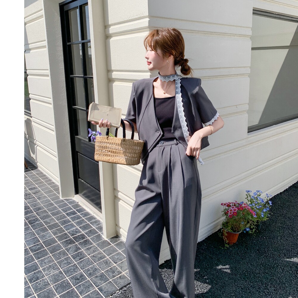 灰色飘带时尚西装阔腿裤套装女2025夏季新款高级感气质显瘦两件套,女装套装/套裙,乔安迪