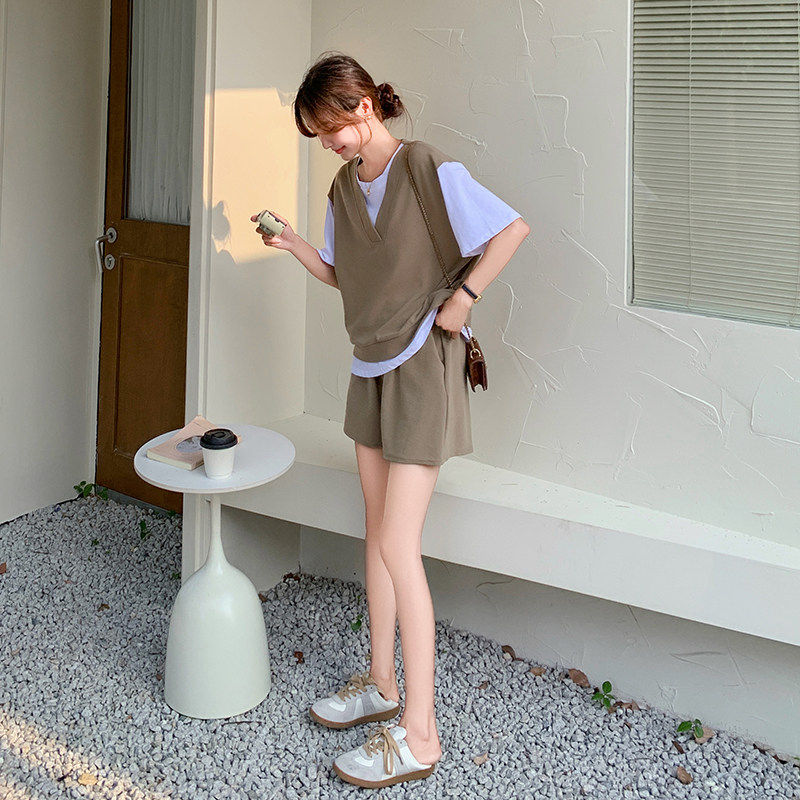 法式时尚假两件拼色T恤女2025夏季新款显瘦阔腿短裤子，女装运动套装，乔安迪