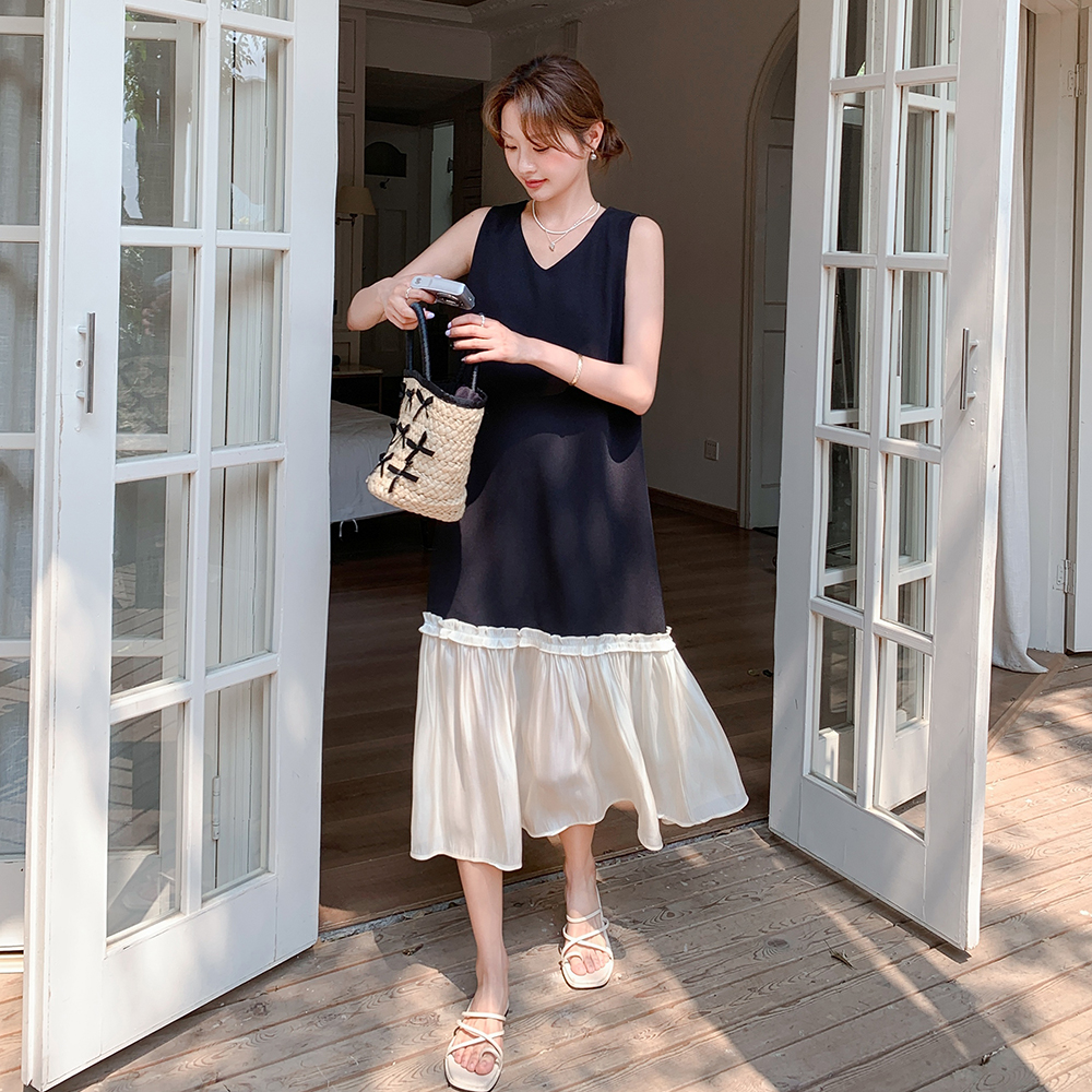 撞色拼接v领无袖连衣裙女2025夏季新款韩系设计感宽松显瘦背心裙，女装连衣裙，乔安迪