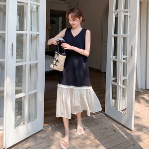 撞色拼接v领无袖连衣裙女2025夏季新款韩系设计感宽松显瘦背心裙,女装连衣裙,乔安迪