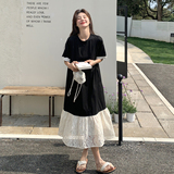 黑色短袖T恤连衣裙女2025夏季新款设计感超好看蕾丝拼接鱼尾长裙，女装连衣裙，乔安迪