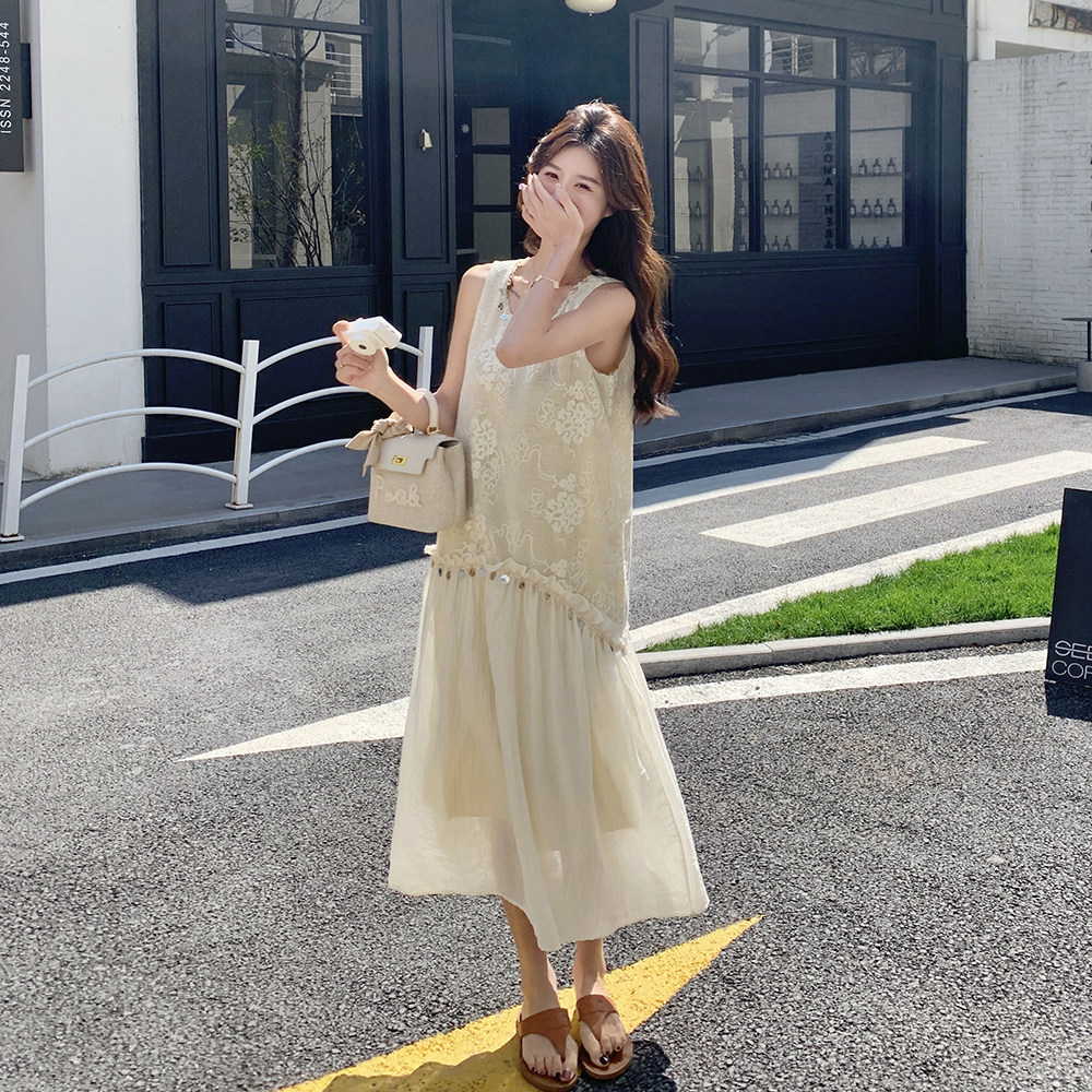 波西米亚风流苏彩贝刺绣连衣裙女法式绝美漂亮气质无袖背心度假裙,女装连衣裙,乔安迪