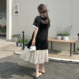黑色短袖T恤连衣裙女2025夏季新款设计感超好看蕾丝拼接鱼尾长裙，女装连衣裙，乔安迪