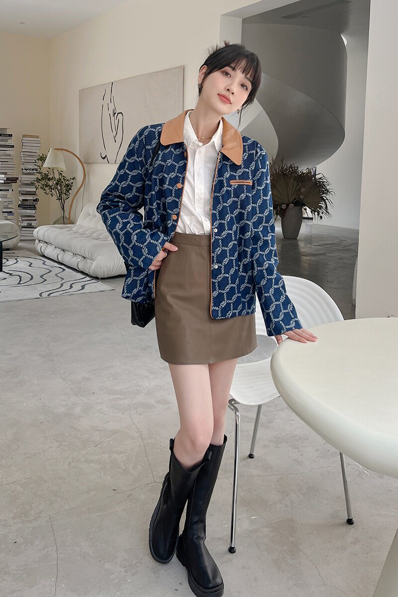 时尚复古港风百搭小众拼色设计感宽松别致女秋季新款宽松牛仔外套,女装短外套,乔安迪