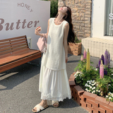 假两件蕾丝拼接米白色无袖连衣裙女夏甜美减龄无袖长裙气质温柔风，女装连衣裙，乔安迪