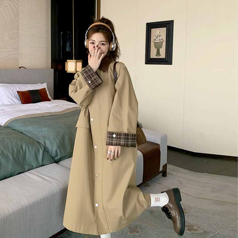 【现货】126-9812-P155K218中长款格子拼接设计风衣，女装风衣，乔安迪
