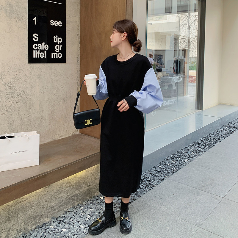 韩系减龄高级感撞色连衣裙女2025春秋季新款法式收腰显瘦卫衣长裙,女装连衣裙,乔安迪