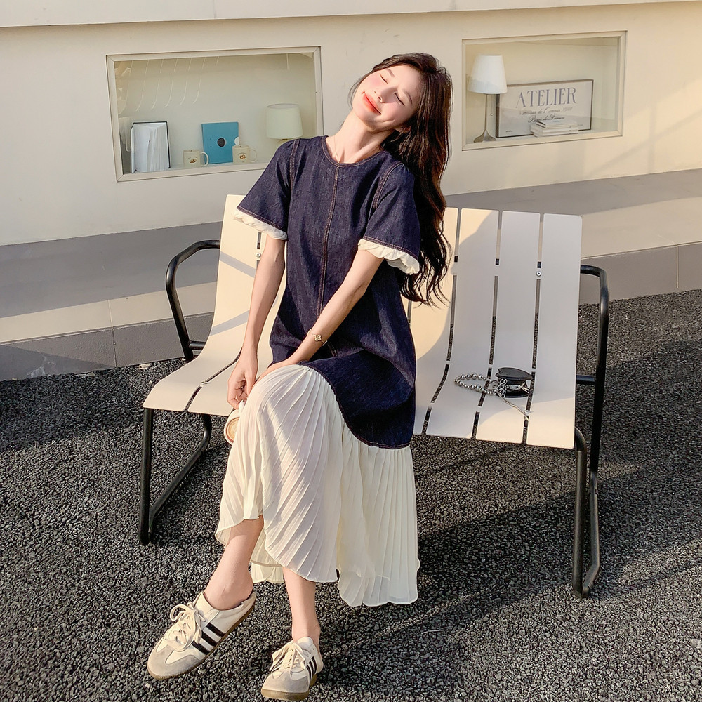 设计小众轻熟风百褶拼接复古裙新款小个子休闲显瘦轻薄连衣裙女夏,女装连衣裙,乔安迪