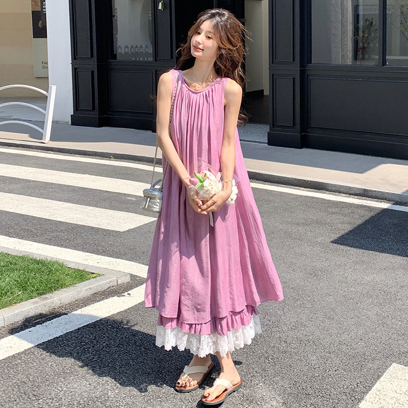 紫色无袖背心连衣裙女2025夏季新款法式超好看蕾丝拼接度假风长裙,女装连衣裙,乔安迪