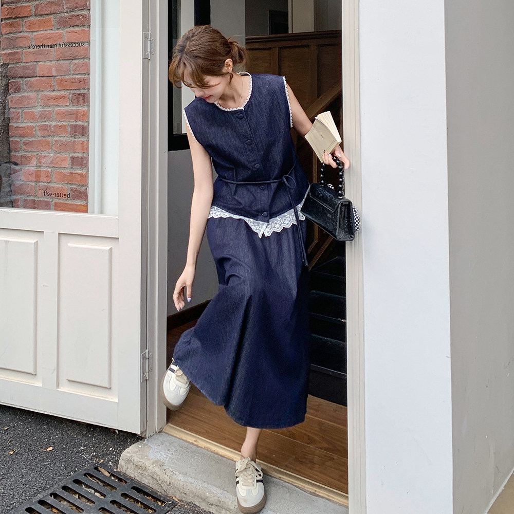 蕾丝拼接牛仔马甲半身裙套装女2025夏季新款复古设计感休闲两件套,女装套装/套裙,乔安迪