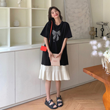 黑色设计感拼接连衣裙女2025夏季新款休闲宽松蝴蝶结中长T恤裙，女装连衣裙，乔安迪