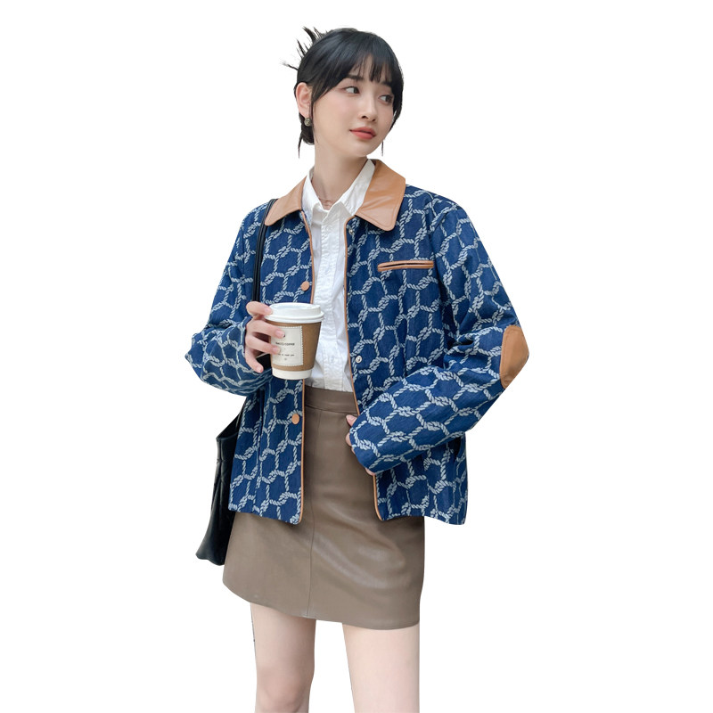 时尚复古港风百搭小众拼色设计感宽松别致女秋季新款宽松牛仔外套,女装短外套,乔安迪