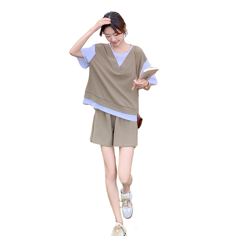 法式时尚假两件拼色T恤女2025夏季新款显瘦阔腿短裤子,女装运动套装,乔安迪