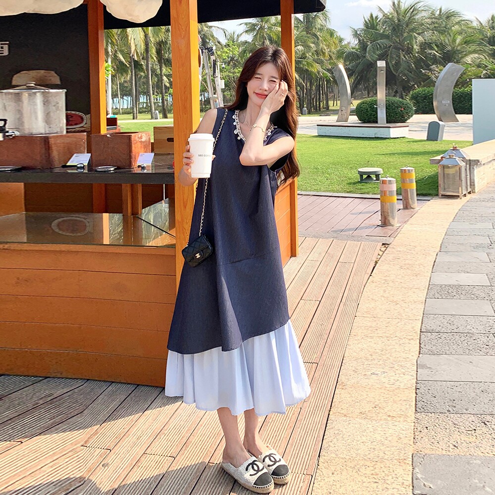 法式度假风拼色无袖连衣裙女2025夏季新款独特漂亮宽松显瘦背心裙,女装连衣裙,乔安迪