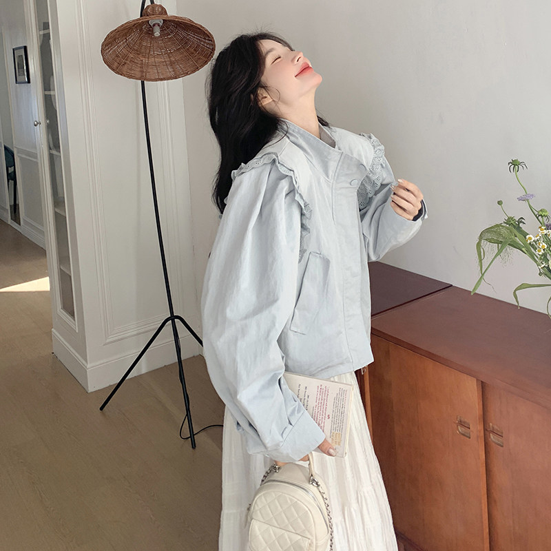 baby蓝设计感木耳边外套女2025春秋新款时髦洋气减龄立领短款上衣图片