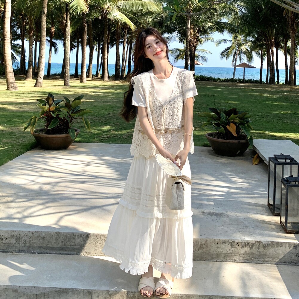 新品，现货58107-P185K268钩花马甲T恤+重工蕾丝半身裙三件套,女装套装/套裙,乔安迪