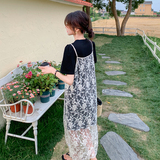 蕾丝网纱拼接吊带连衣裙女夏t恤裙小众设计感韩系爆款，女装连衣裙，乔安迪