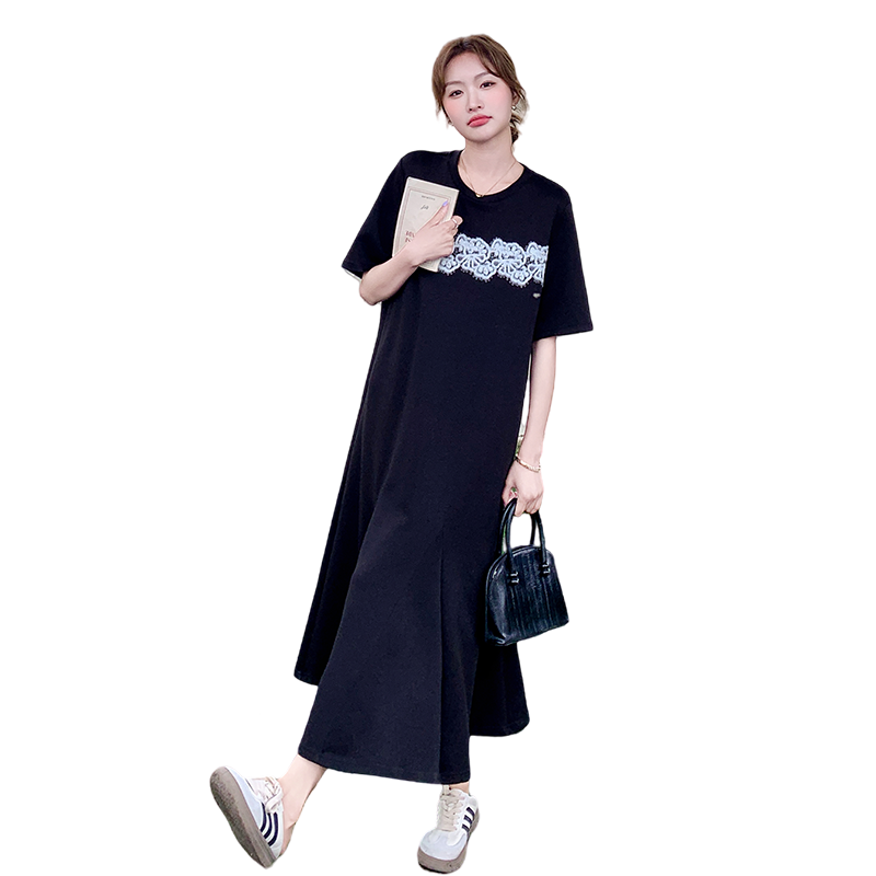 蕾丝拼接黑色T恤连衣裙女2025夏季新款韩系设计感宽松显瘦鱼尾裙,女装连衣裙,乔安迪