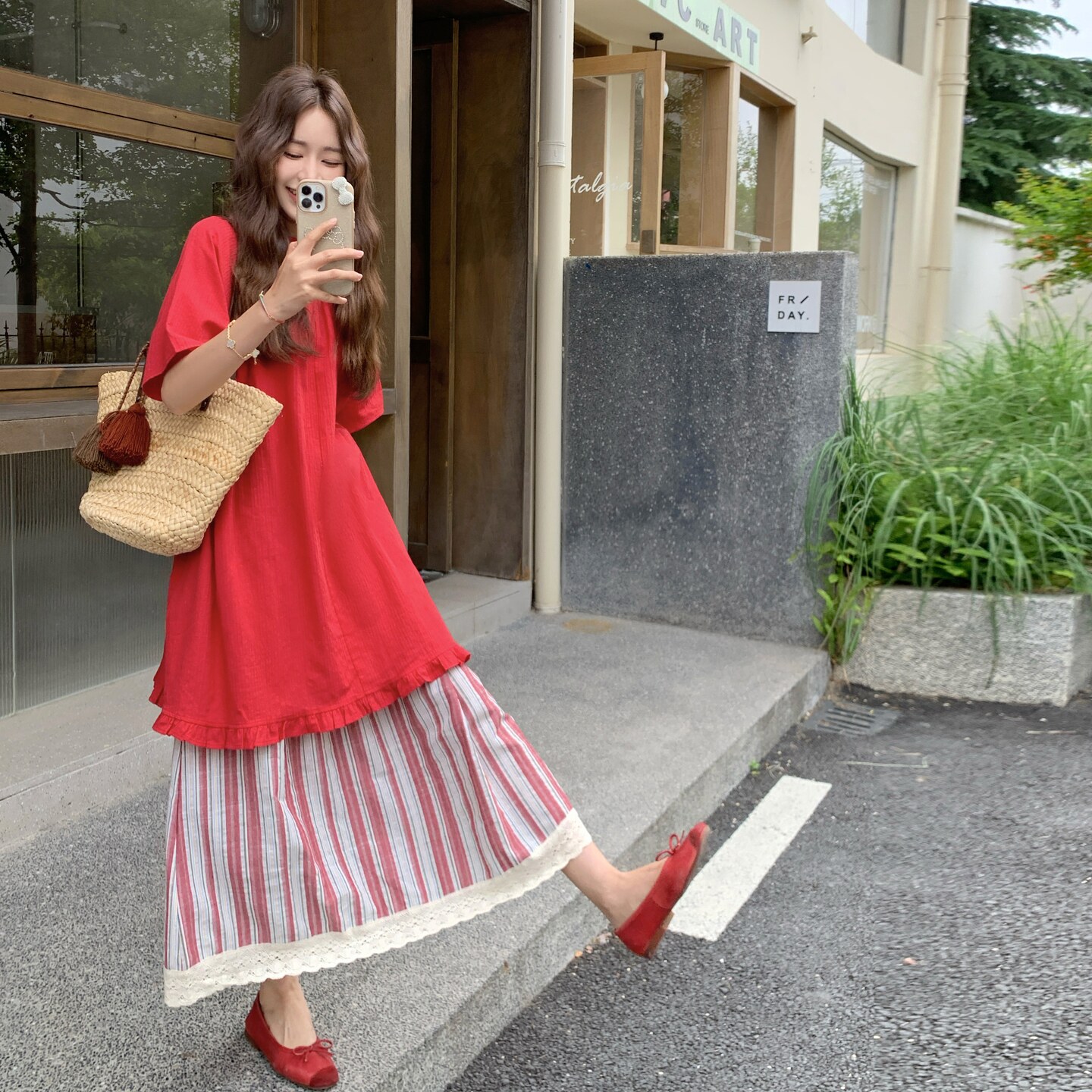 韩版减龄甜美上衣两件套女2025年夏季新款俏皮显瘦条纹半身裙套装,女装套装/套裙,乔安迪