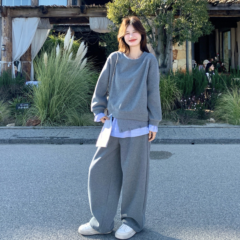 数据好现货8550-P215K308加绒格子拼接卫衣阔腿裤腰封三件套,女装运动套装,乔安迪