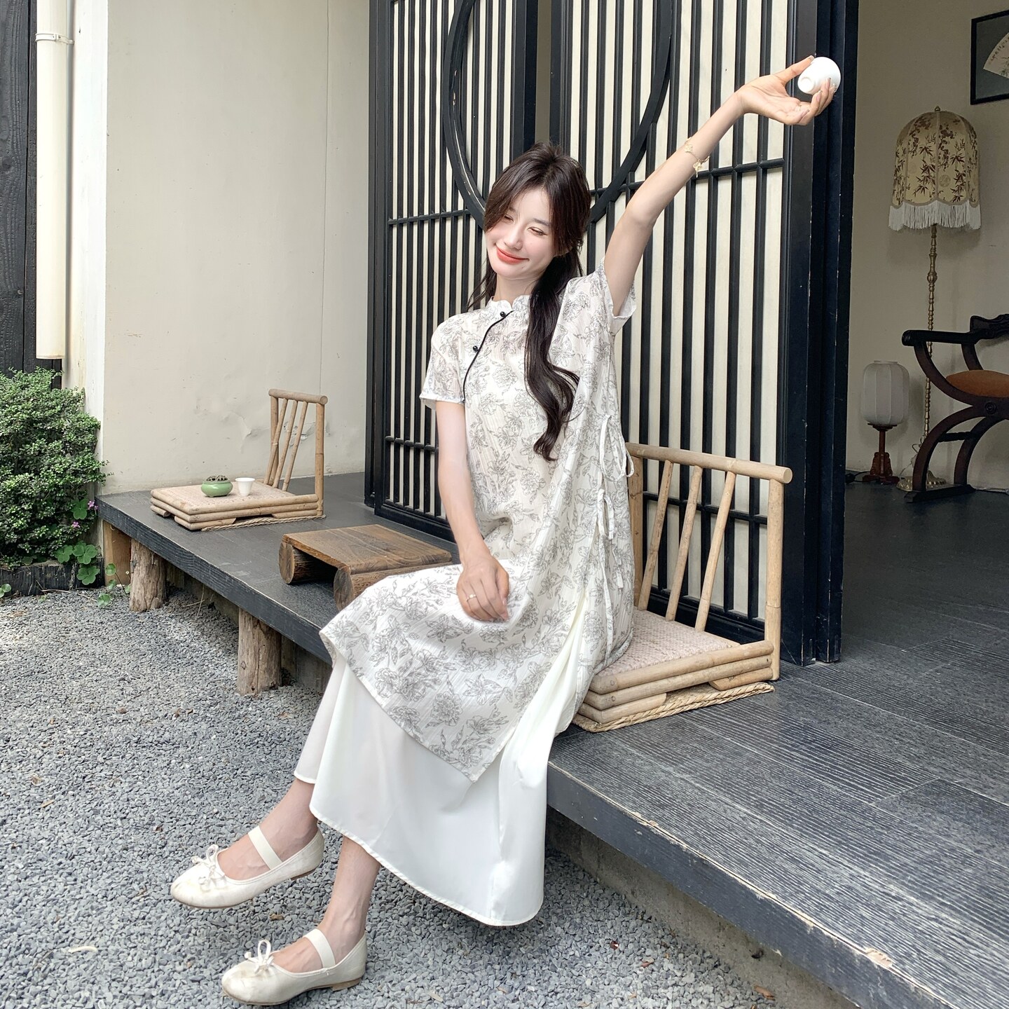 国风印花罩衫裙套装女2025夏季新款拼色印花裙简约吊带裙两件套,女装套装/套裙,乔安迪