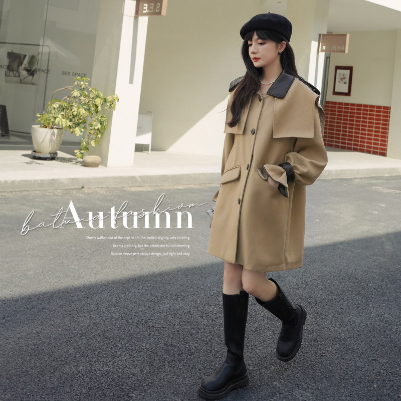 卡其色小众设计感pu皮拼接风衣外套女2025春新款今年流行休闲大衣,女装风衣,乔安迪