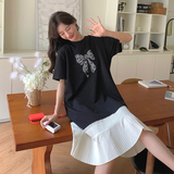 黑色设计感拼接连衣裙女2025夏季新款休闲宽松蝴蝶结中长T恤裙，女装连衣裙，乔安迪