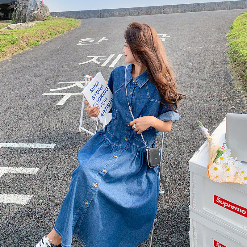 高级感牛仔连衣裙女夏宽松显瘦2025新款大码港风衬衫长裙小众设计,女装连衣裙,乔安迪
