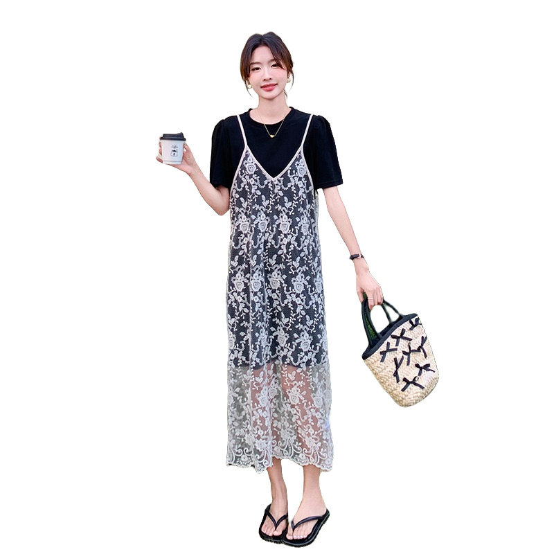 蕾丝网纱拼接吊带连衣裙女夏t恤裙小众设计感韩系爆款,女装连衣裙,乔安迪
