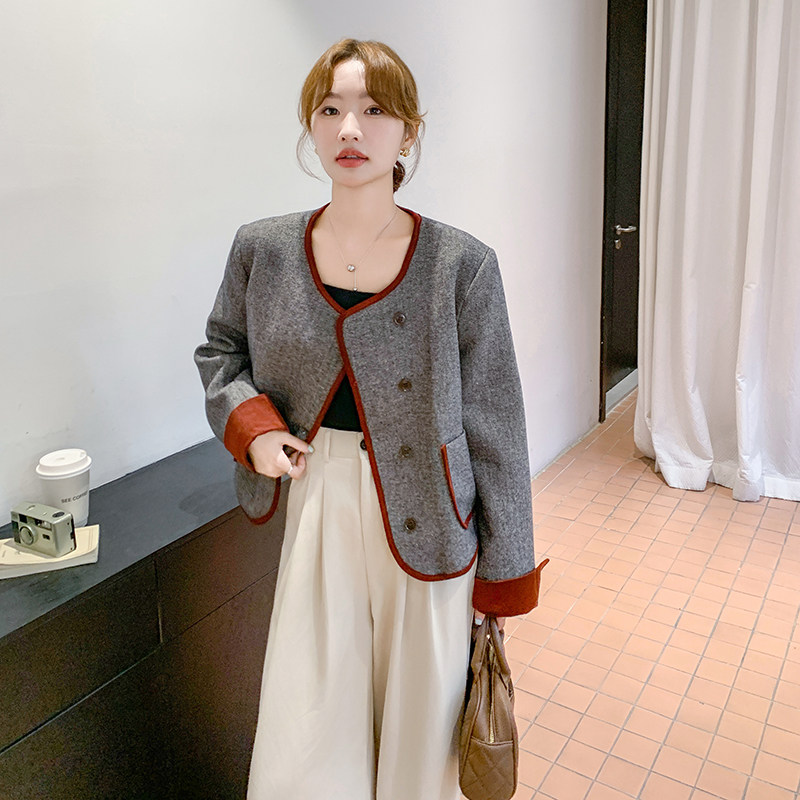 【现货】126-9036-P135-K198撞色包边毛呢小香外套,女装短外套,乔安迪