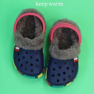 儿童加绒洞洞鞋宝宝加厚保暖包头家居鞋防滑可拆卸中大童毛拖鞋