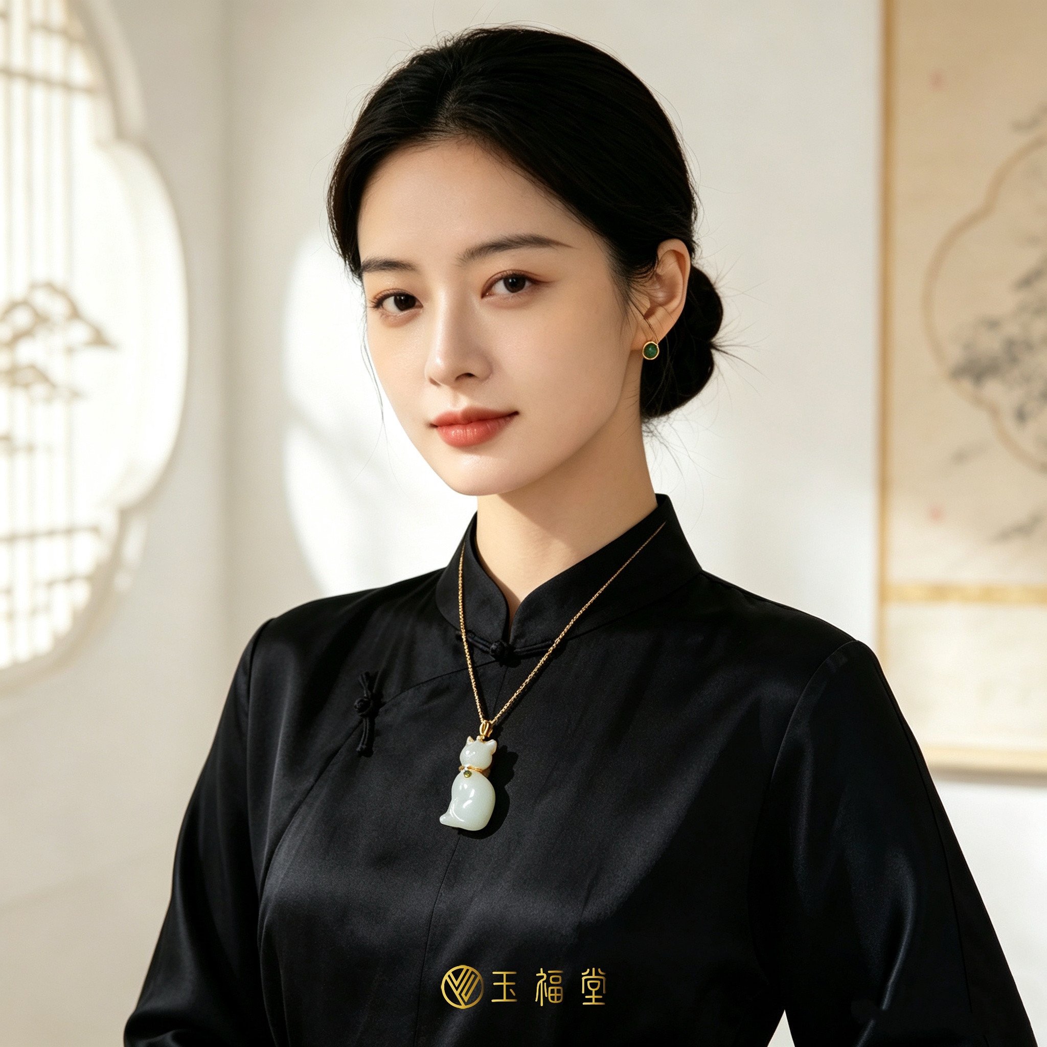 玉福堂 | 新疆和田玉脂白玉玉坠 | 18k金镶嵌玉石挂件 | 招财猫