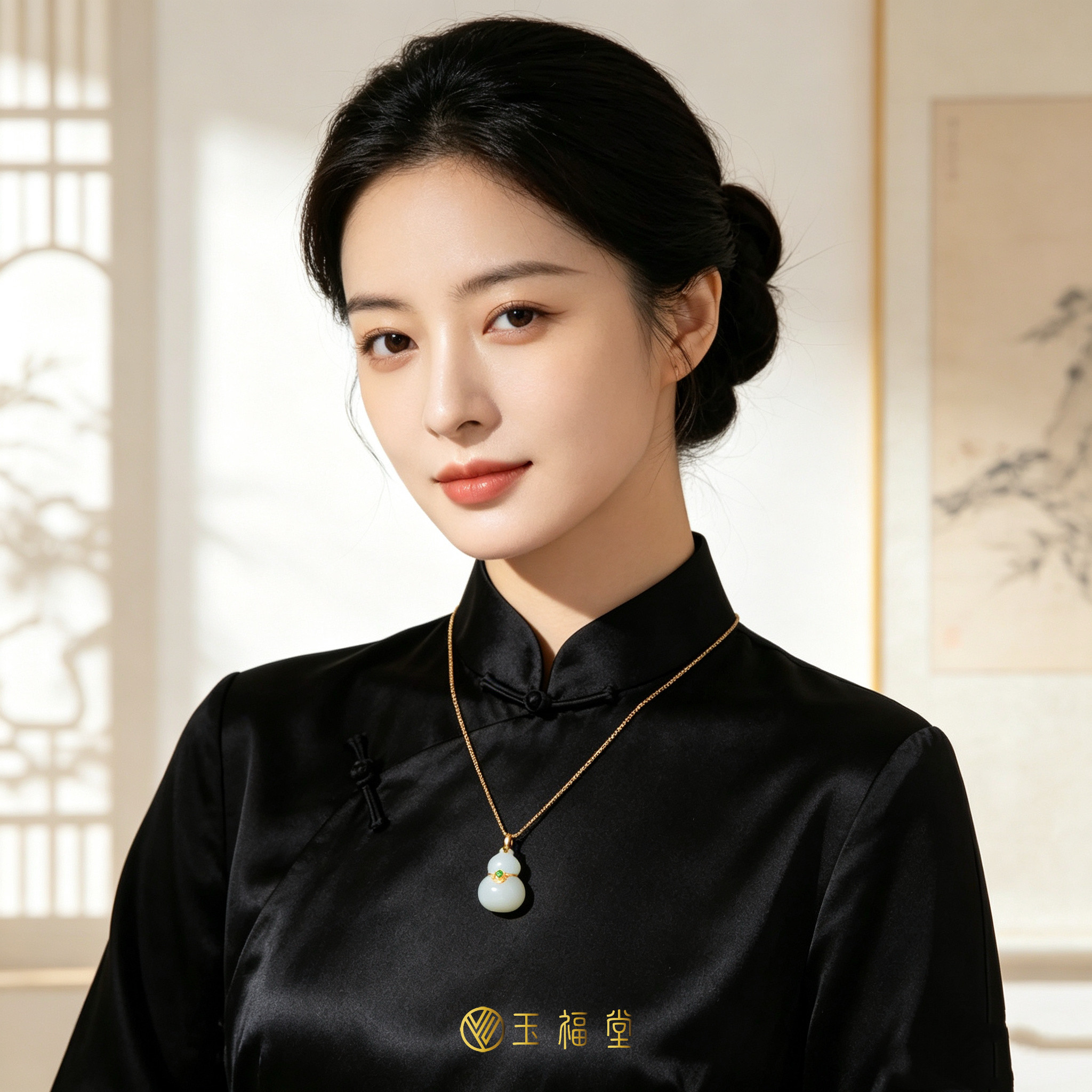 玉福堂 | 新疆和田玉18K金镶玉葫芦项链女款玉石吊坠锁骨链