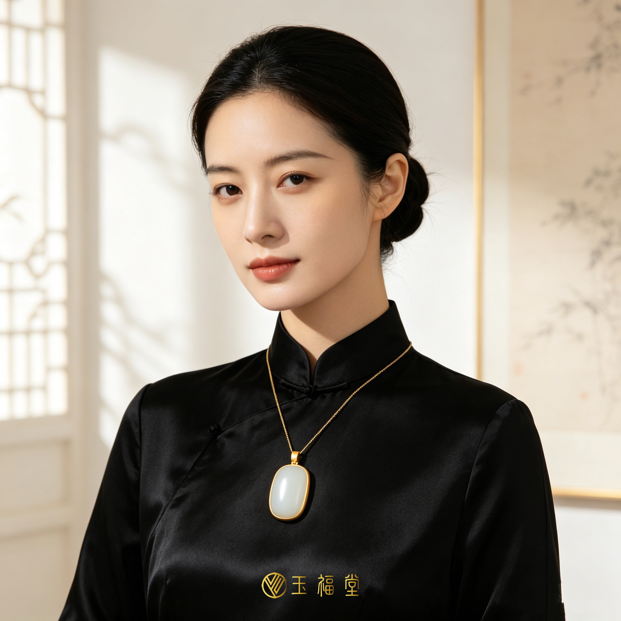 玉福堂 | 新疆和田玉脂白平安无事牌 | 18k金镶嵌玉坠女款
