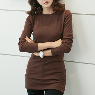 2025秋冬季韩版圆领纯棉上衣女T恤中长款打底衫修身加绒加长秋衣