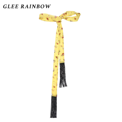 Glee rainbow明黄色活力彩色花朵真丝流苏拼接长围巾丝巾