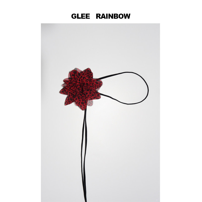 Glee rainbow深红性感豹纹丝绒飘带真丝颈花丝巾围巾