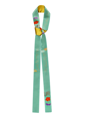 GLee rainbow别致绿松石复古花朵LOVE真丝双面拼色印花细丝巾