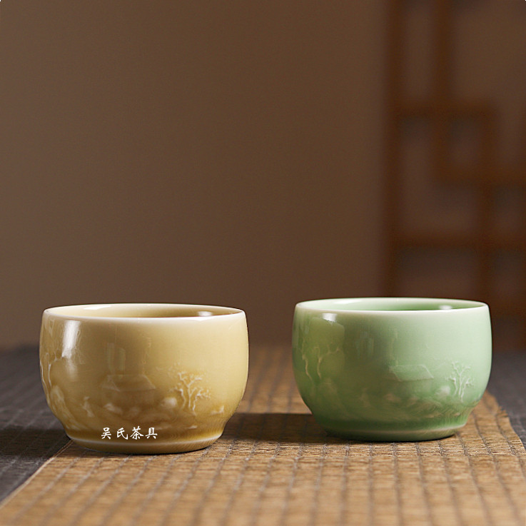 影雕正青釉高温单杯蜜色釉中式坐禅杯茶碗杯茶杯泡茶杯陶瓷主人杯